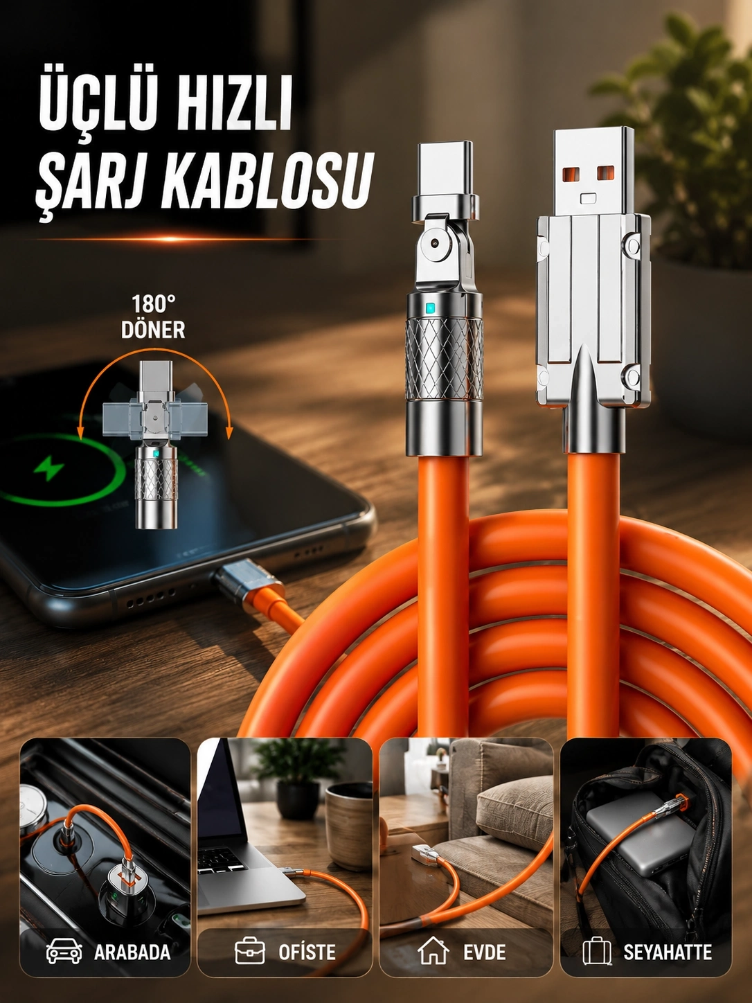 BUĞZ 3 İn 1 Süper Hızlı Şarj Kablosu Android ve İOS Uyumlu Silikon Şarj Kablosu