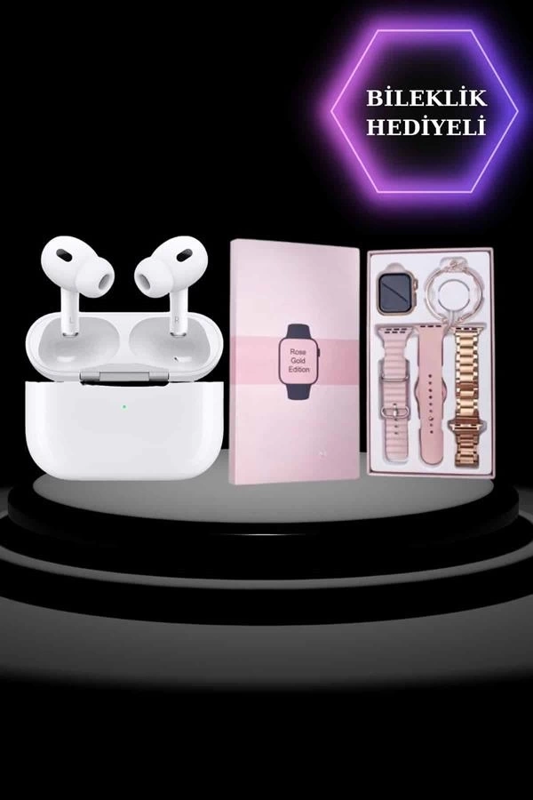 BUĞZ 3 Kordonlu Pembe Amoled Ekran Akıllı Saat ve Yeni Nesil Pro Kablosuz Bluetooth Kulaklık ANC/ENC