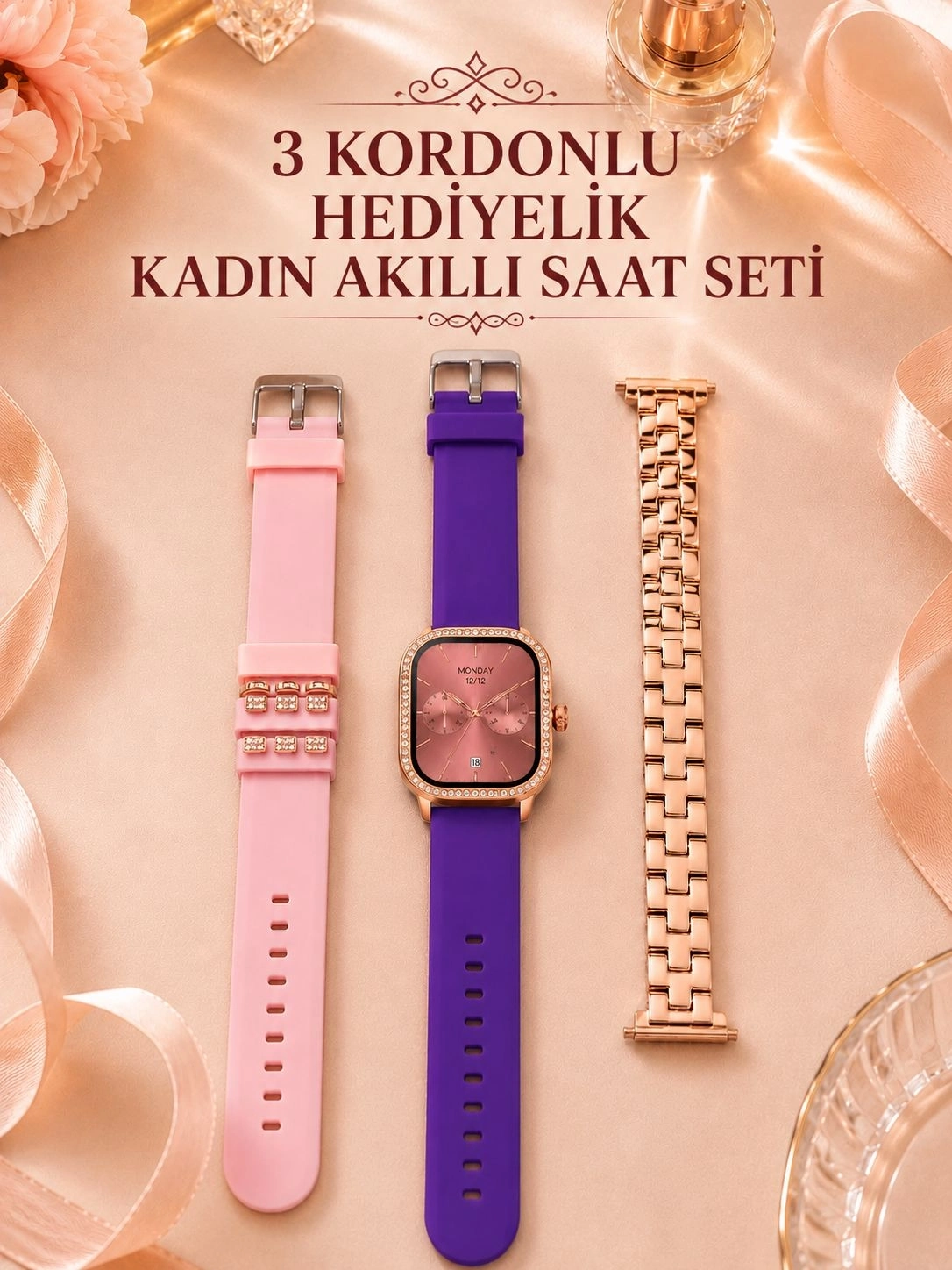 BUĞZ 3 Kordonlu Rose Gold Kasalı Kadın Akıllı Saat Seti