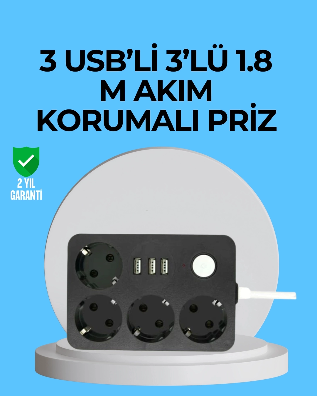 BUĞZ 3 USB Çıkışlı 4’lü Akıllı Priz 2500W 2 Metre Kablo