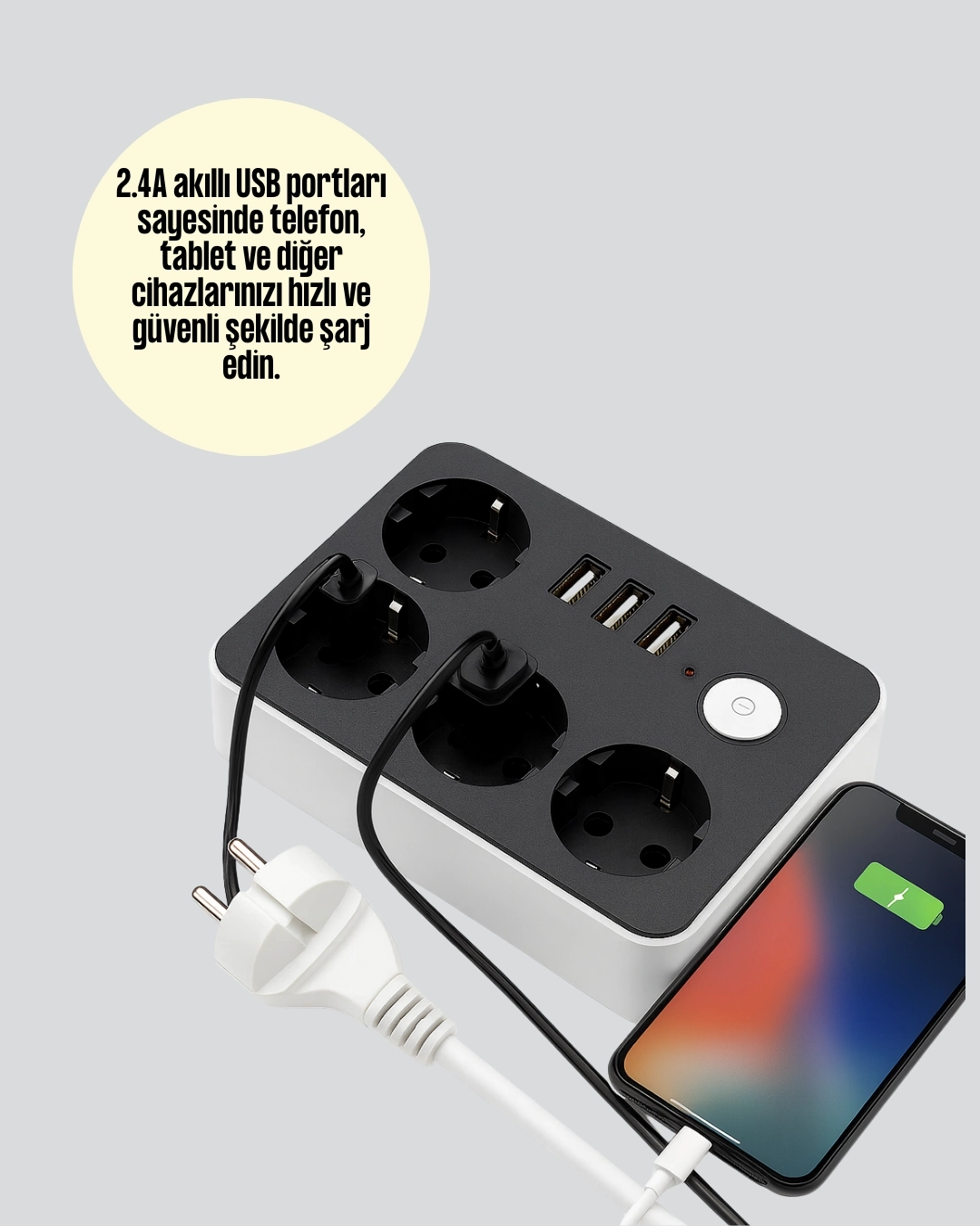 BUĞZ 3 USB Çıkışlı 4’lü Akıllı Priz 2500W 2 Metre Kablo