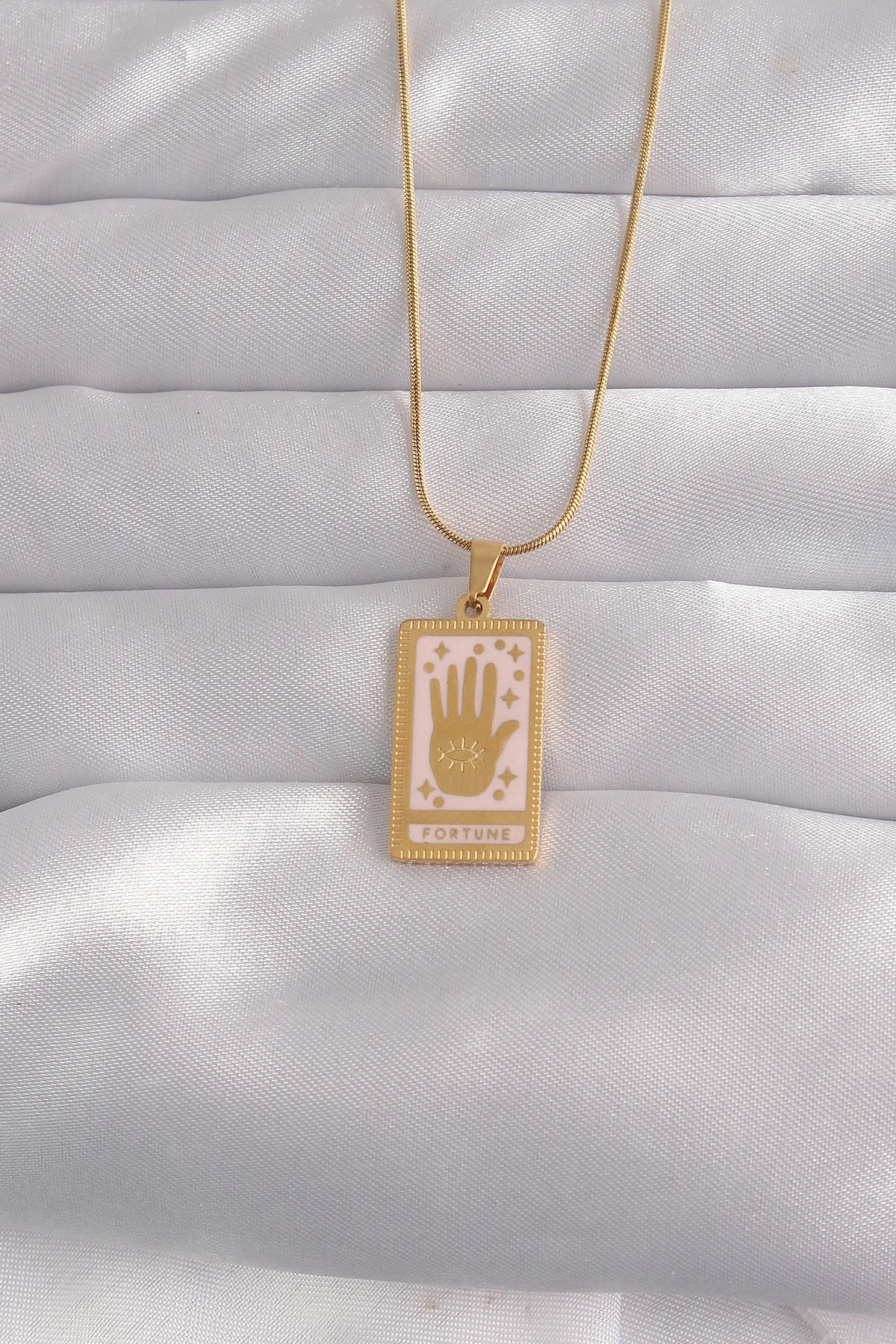 BUĞZ 316L Çelik Gold Renk Pembe Mineli El Figür Tarot Kolye
