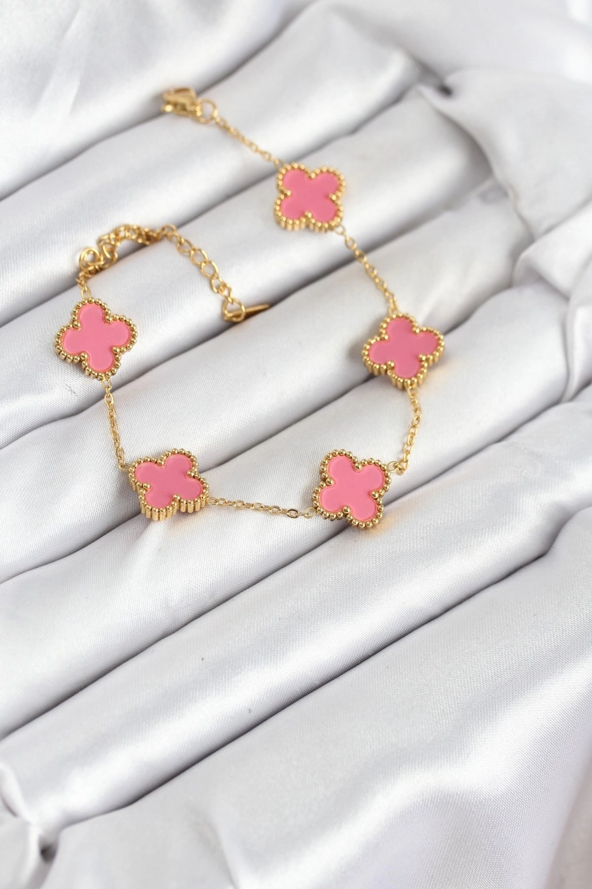 BUĞZ 316L Çelik Gold Zincir Pembe Yonca Renk Bileklik