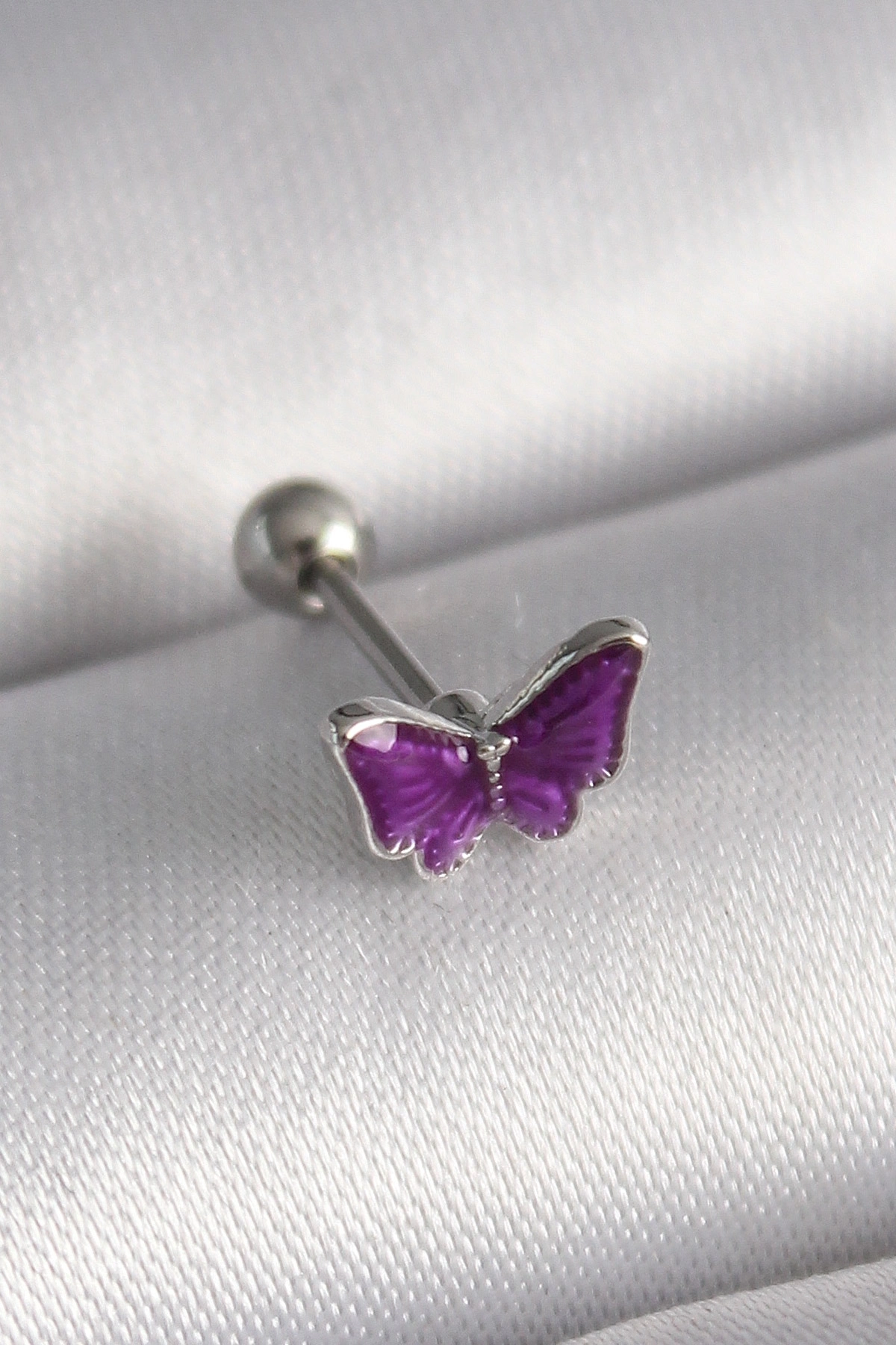 BUĞZ 316L Çelik Gümüş Renk Mor Kelebek Model Tragus Piercing