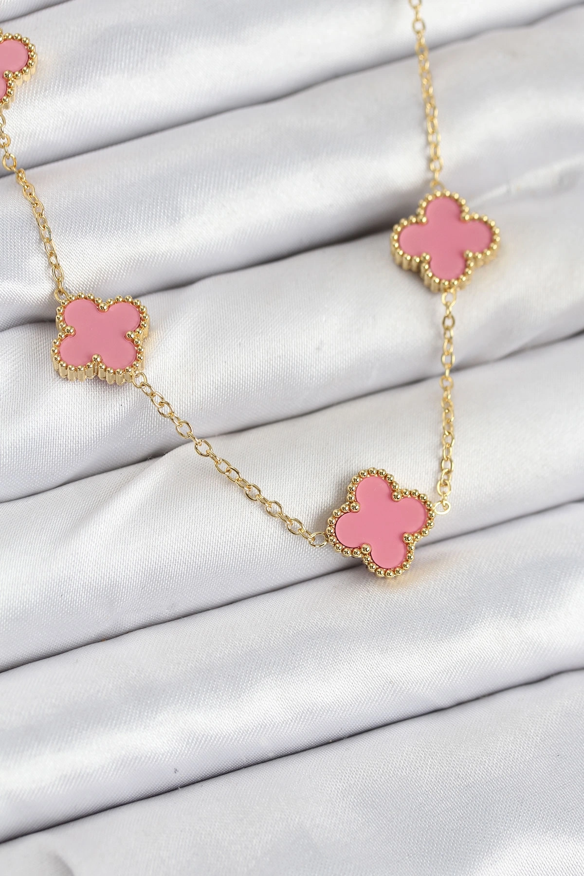 BUĞZ 316L Çelik Zincir Gold Pembe Renk Yonca Kadın Kolye