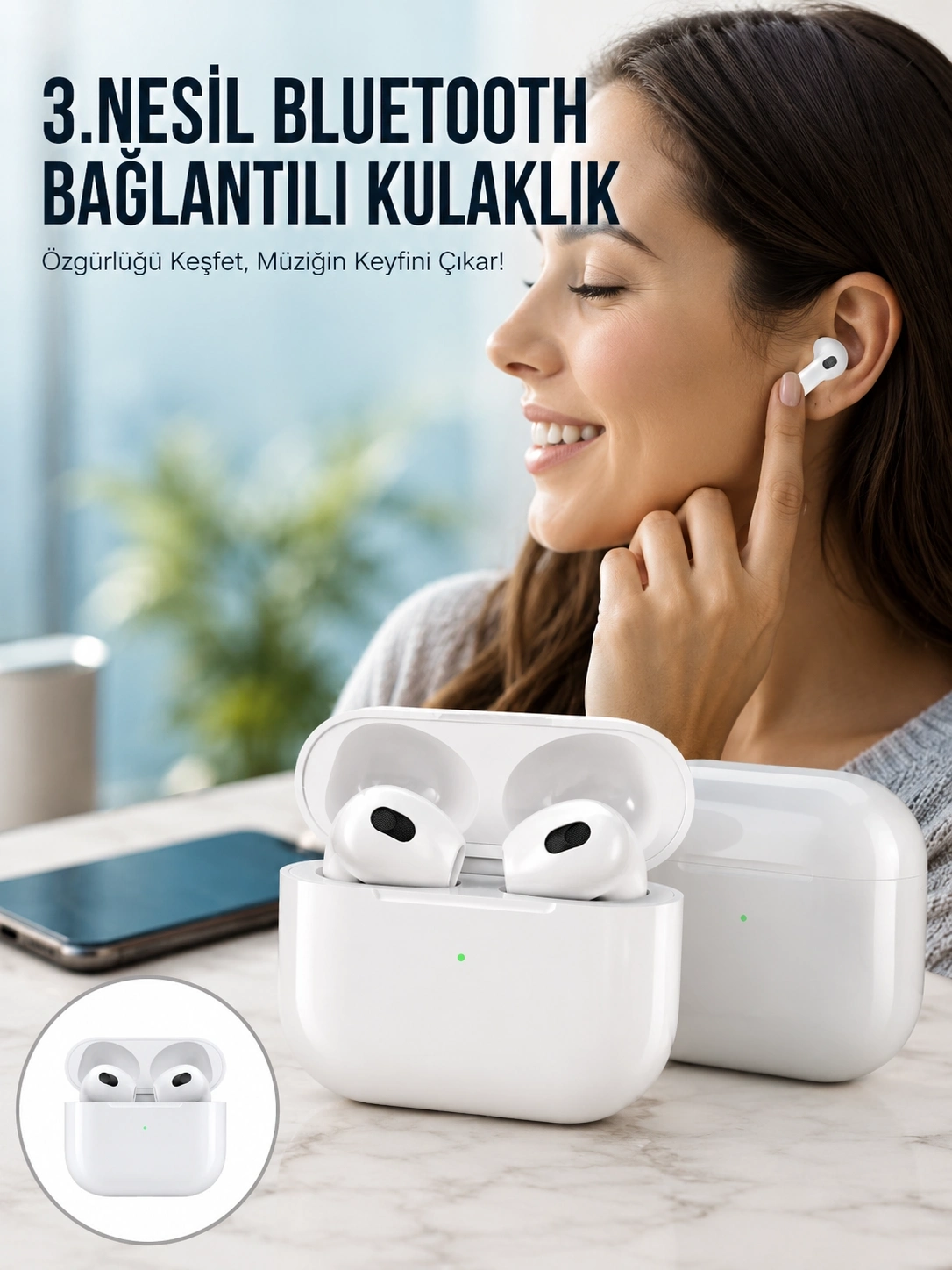 BUĞZ 3.Nesil İOS Android Uyumlu Bluetooth 5.0 Beyaz Çağrı Cevaplama Yeni Nesil