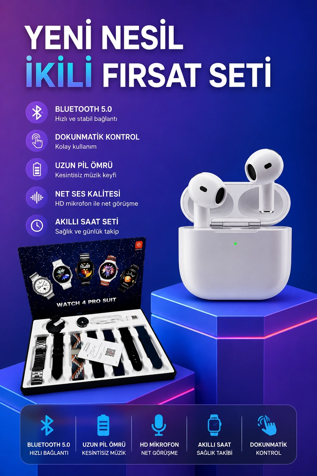 BUĞZ 3.Nesil TWS Bluetooth Kulaklık Bluetooth Bağlantılı Akıllı Saat Amoled Ekran Plastik Hasır Kordon