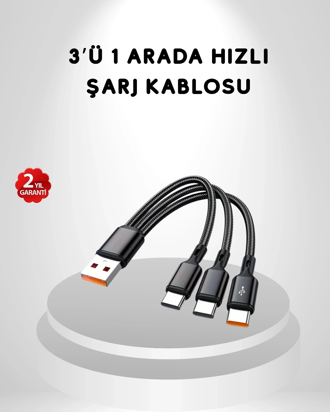 BUĞZ 3’ü 1 Arada Hızlı Şarj Kablosu iOS Android Type-C Uyumlu ve Dayanıklı