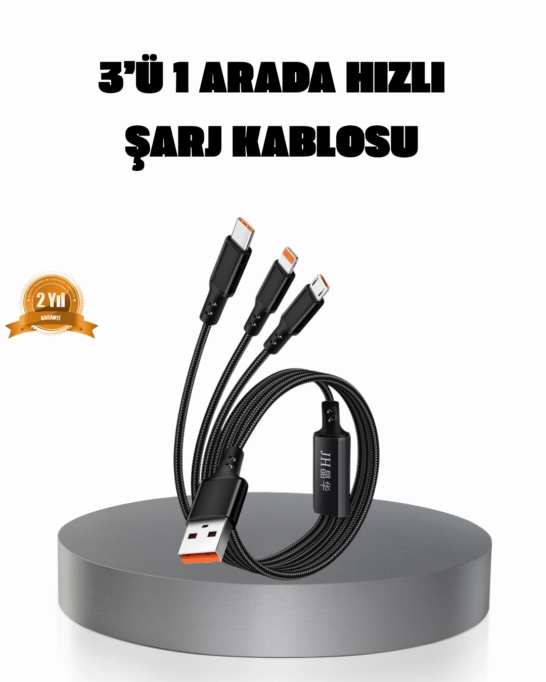 BUĞZ 3’ü 1 Arada Şarj Kablosu Type-C iOS Android Uyumlu Hızlı ve Güvenli Şarj
