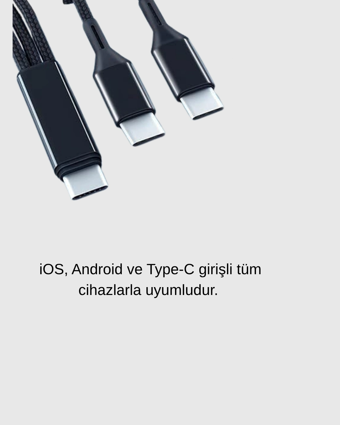 BUĞZ 3’ü 1 Arada Şarj Kablosu Type-C iOS Android Uyumlu Hızlı ve Güvenli Şarj