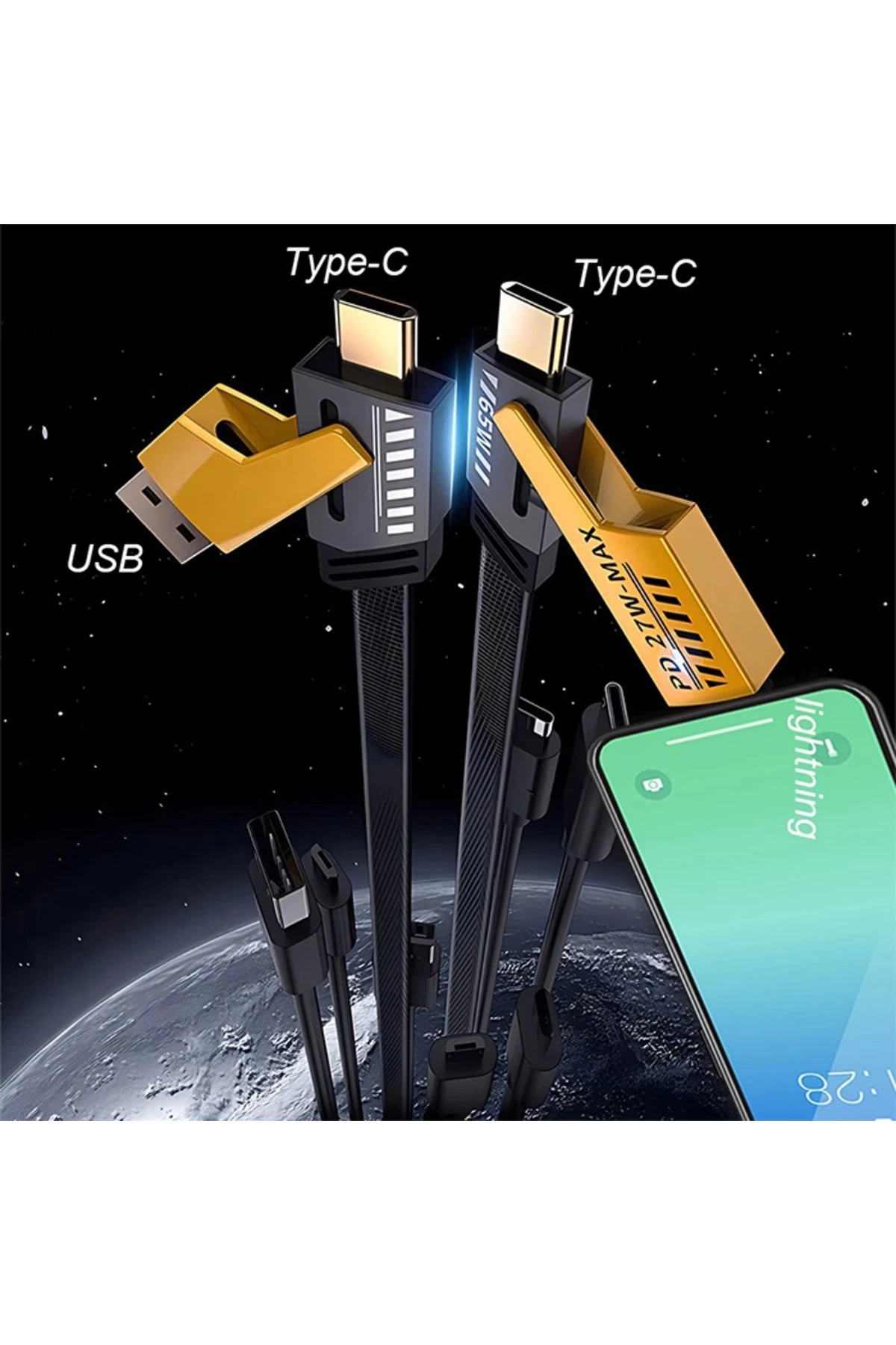 BUĞZ 4in1 Type-c 65W to USB-A + Type-c to Lightning 27W Hızlı Şarj Kablosu SİYAH