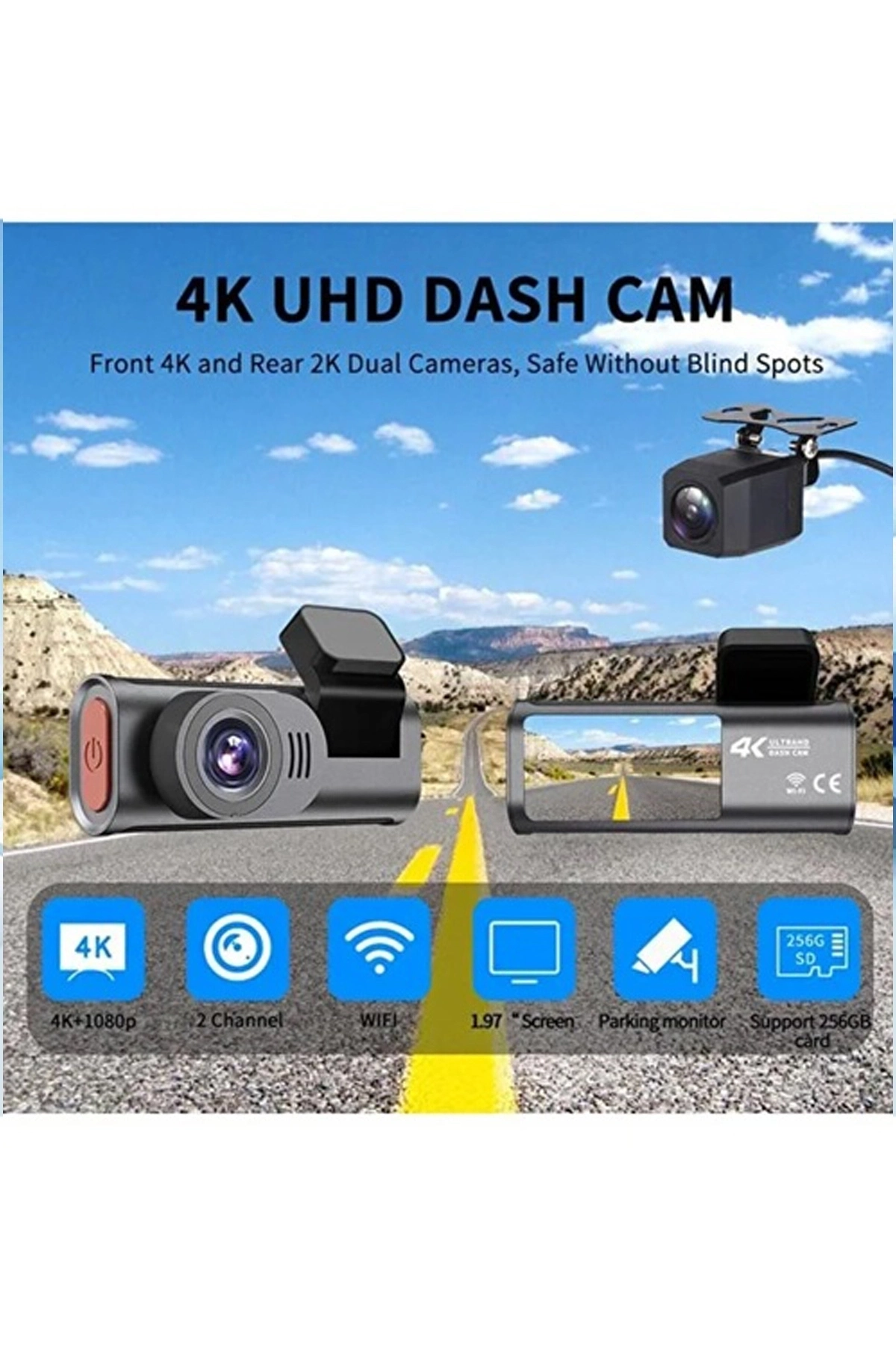 BUĞZ 4k Wifi Çift Kameralı Araç Kamerası Gece Görüşlü G-sensörlü Dash Cam 170 Derece