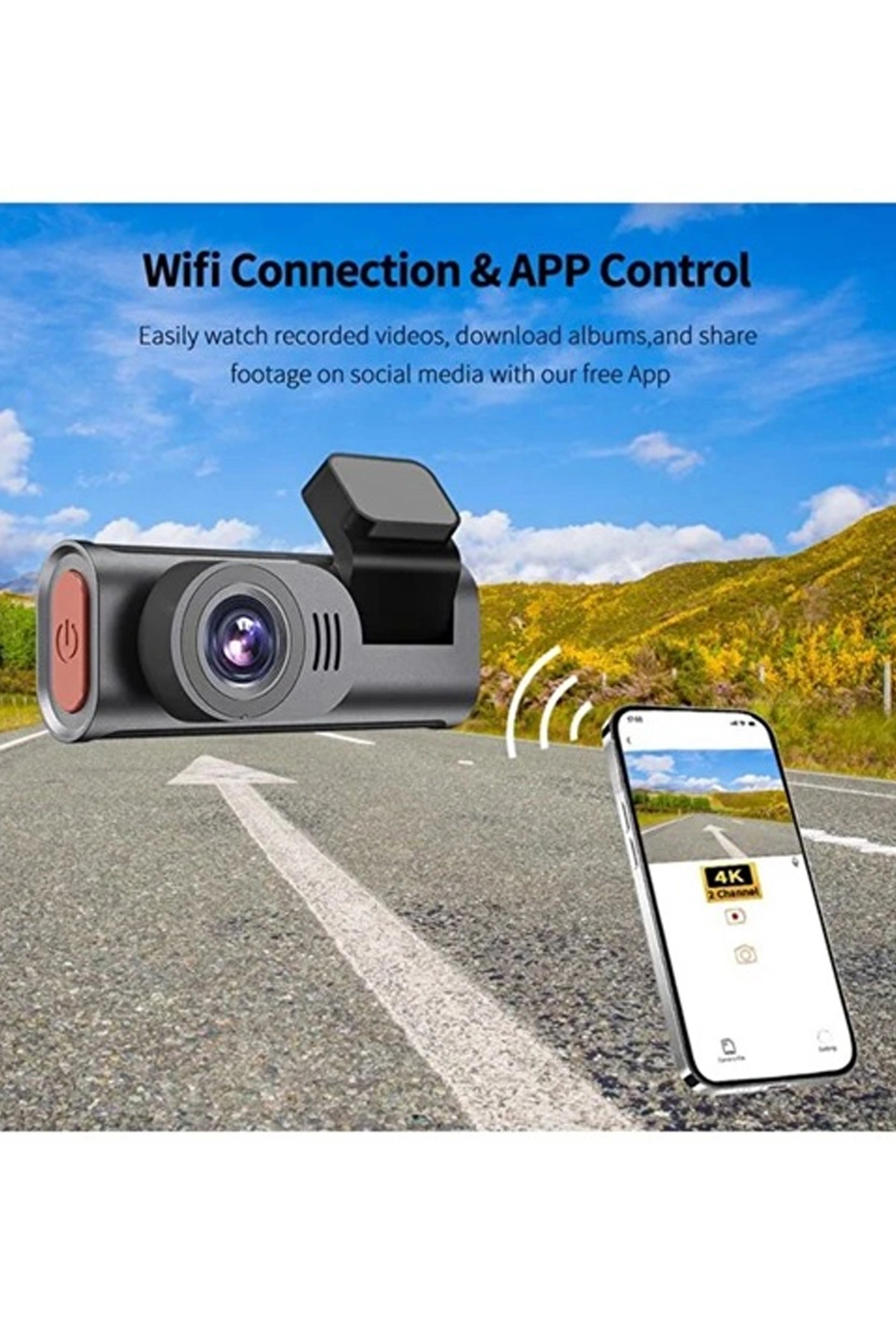 BUĞZ 4k Wifi Çift Kameralı Araç Kamerası Gece Görüşlü G-sensörlü Dash Cam 170 Derece