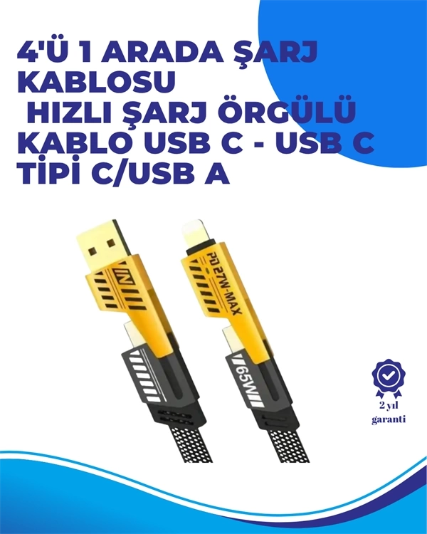 BUĞZ 65W 4'ü 1 Arada Çoklu Şarj Kablosu – USB-C, USB-A, Lightning, Veri ve Şarj Desteği