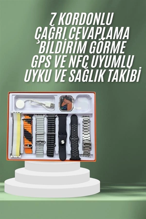 BUĞZ 7 Kordonlu Akıllı Saat Plastik Kordon Hasır Kordon Çelik Kordon