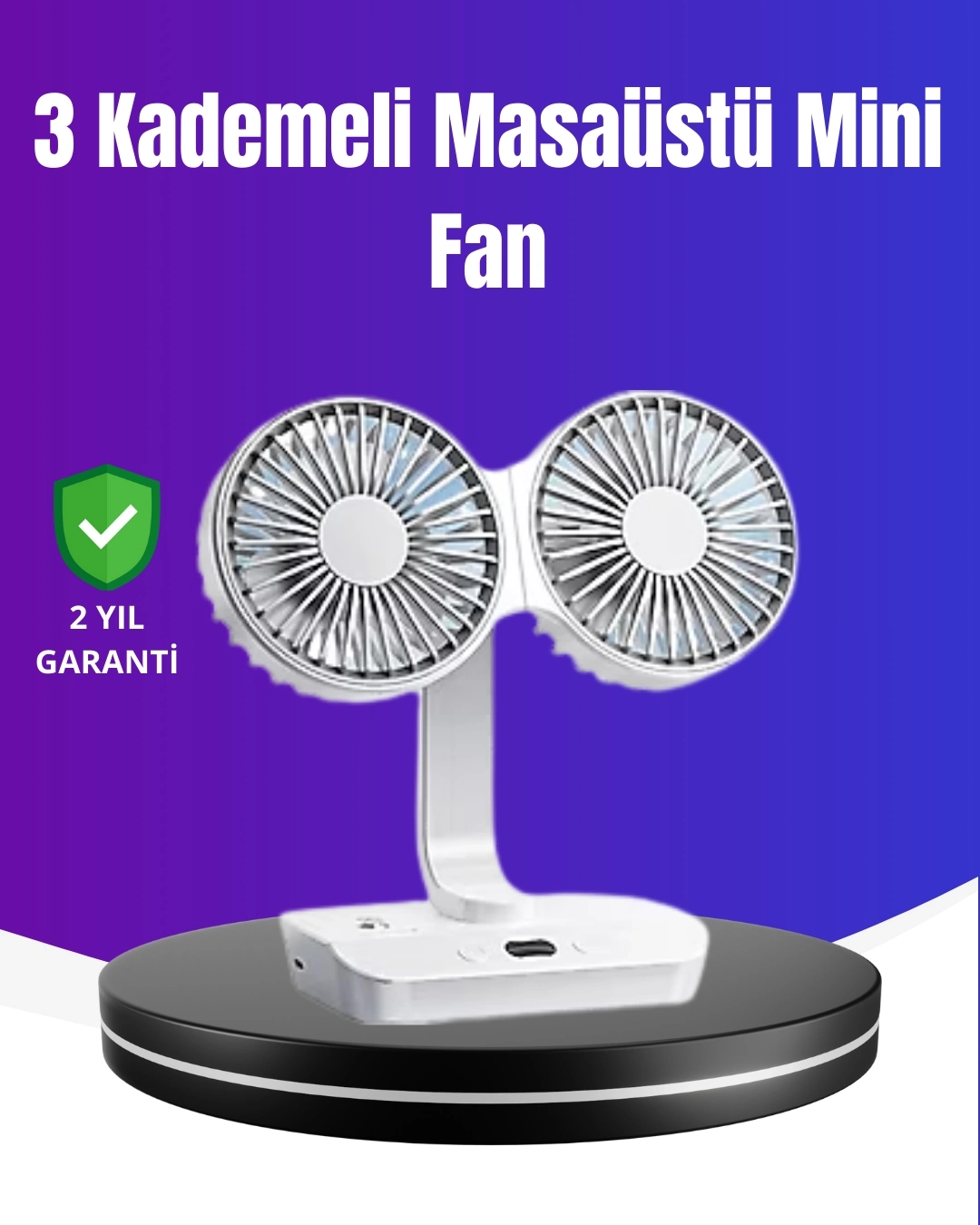 BUĞZ 720° Döner Çift Taraflı Masaüstü Vantilatör – USB Şarjlı Sessiz Fan