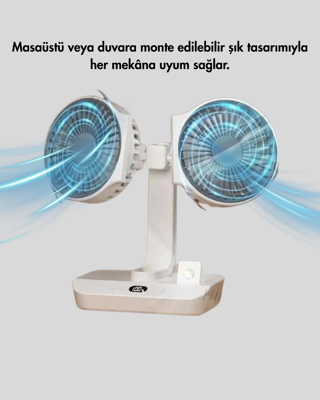 BUĞZ 720° Döner Çift Taraflı Masaüstü Vantilatör – USB Şarjlı Sessiz Fan