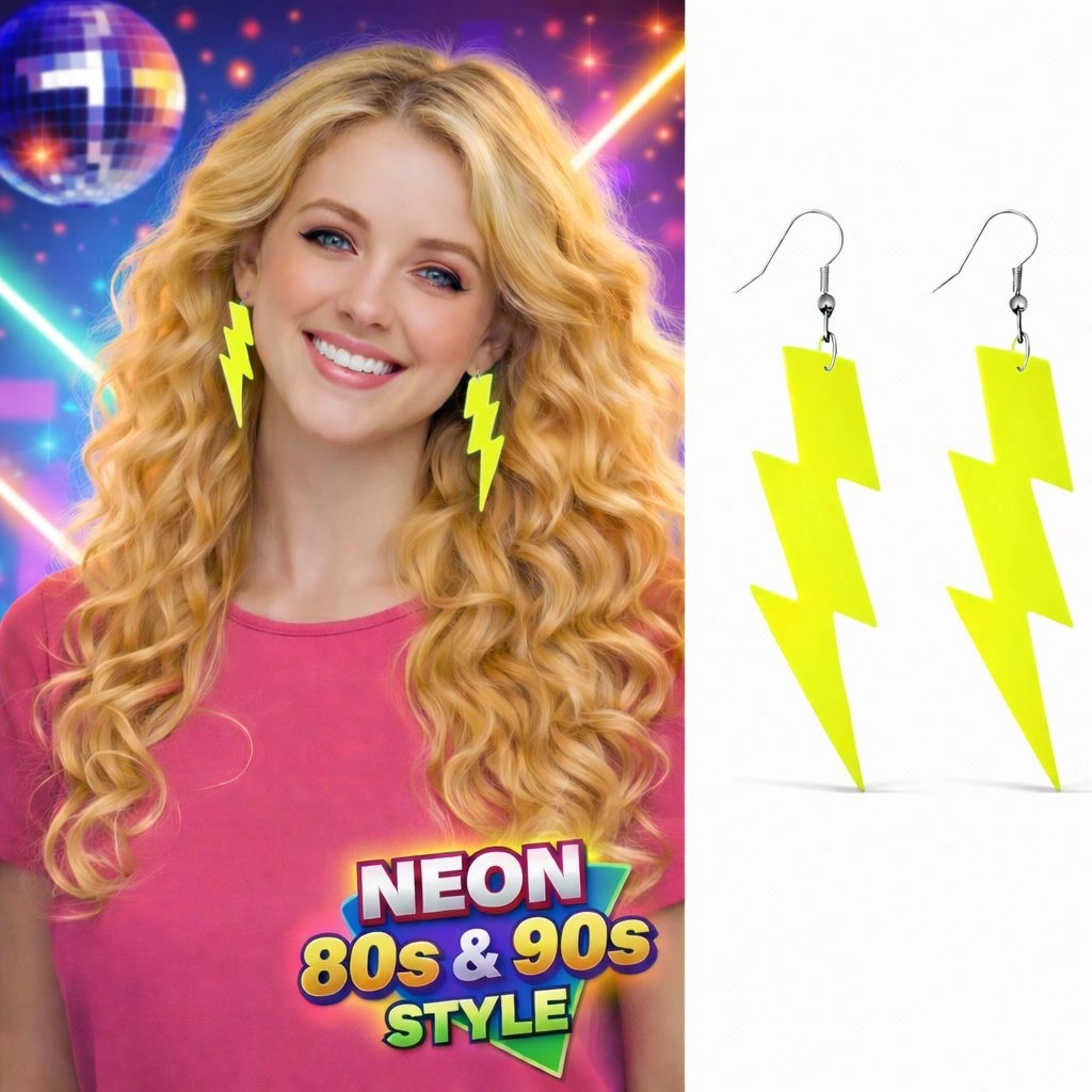 BUĞZ 80’ler 90'lar Retro Neon Sarı Şimşek Küpe 10 cm