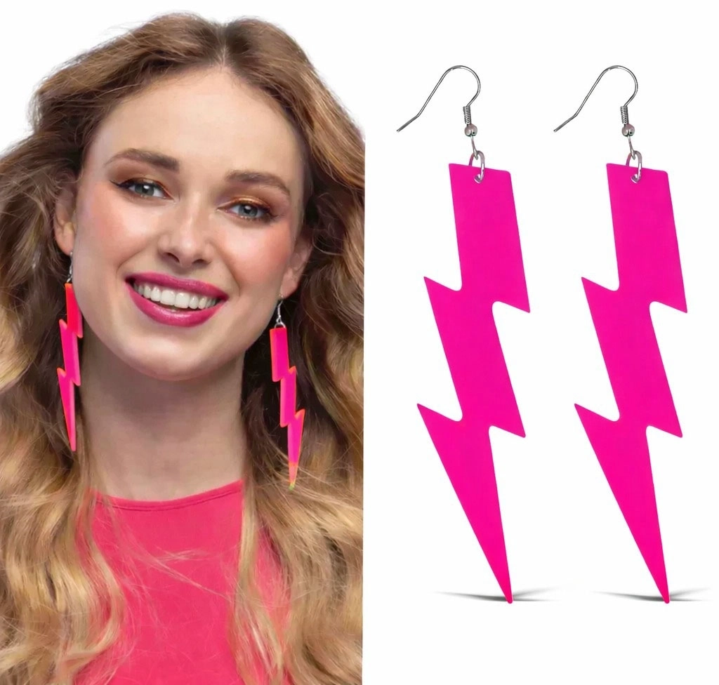 BUĞZ 80’ler 9039lar Retro Neon Pembe Şimşek Küpe 10 Cm