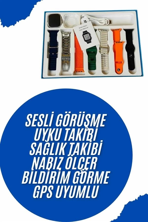 BUĞZ Akıllı Saat 7 Kordon Hediyeli Takvim Alarm Nabız Ölçer Bildirim Görme Sesli Görüşme