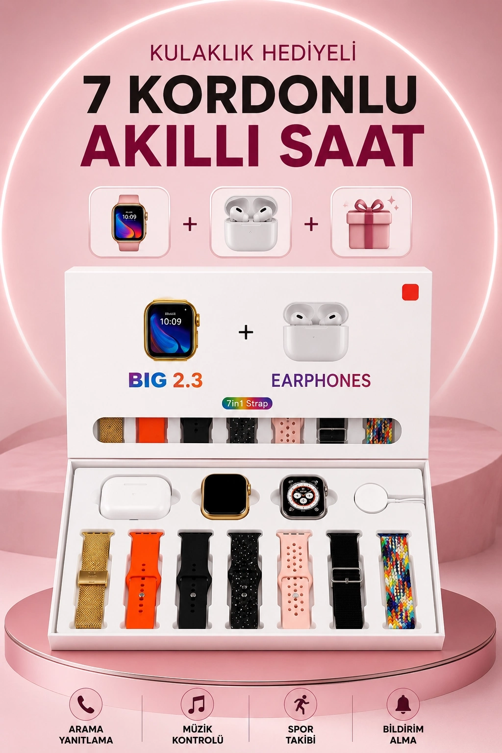 BUĞZ Akıllı Saat Bluetooth Kulaklık Hediyeli Bildirim Görme Sesli Görüşme Çoklu Kordon