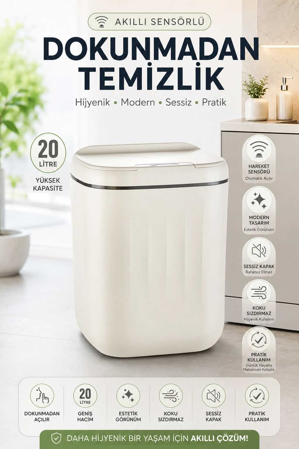 BUĞZ Akıllı Sensörlü 20 Litre Çöp Kovası Sessiz Kapaklı Modern Hijyenik Ev Tipi Çöp Kutusu