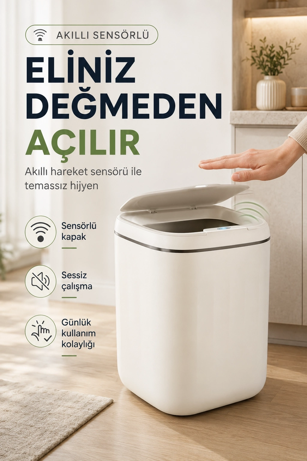 BUĞZ Akıllı Sensörlü 20 Litre Çöp Kovası Sessiz Kapaklı Modern Hijyenik Ev Tipi Çöp Kutusu