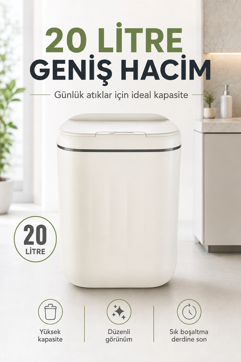 BUĞZ Akıllı Sensörlü 20 Litre Çöp Kovası Sessiz Kapaklı Modern Hijyenik Ev Tipi Çöp Kutusu