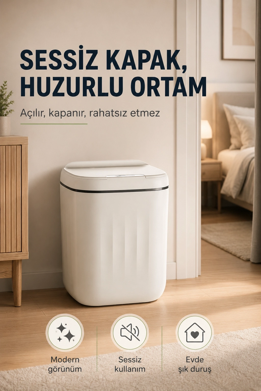 BUĞZ Akıllı Sensörlü 20 Litre Çöp Kovası Sessiz Kapaklı Modern Hijyenik Ev Tipi Çöp Kutusu