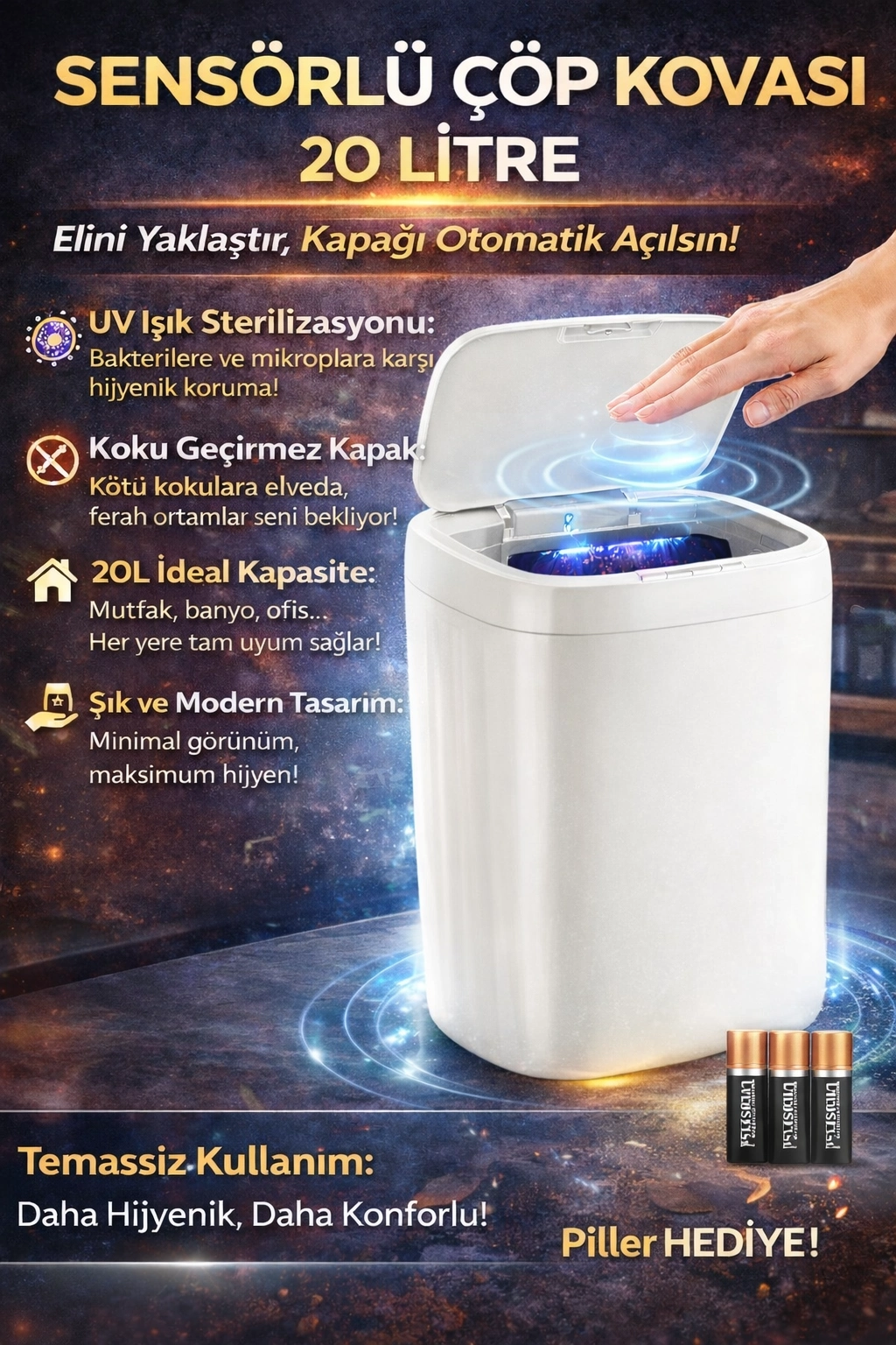 BUĞZ Akıllı Sensörlü UV Işıklı 20 Litre Çöp Kovası - Mutfak, Banyo, İşyeri ve Ofis Kullanımı