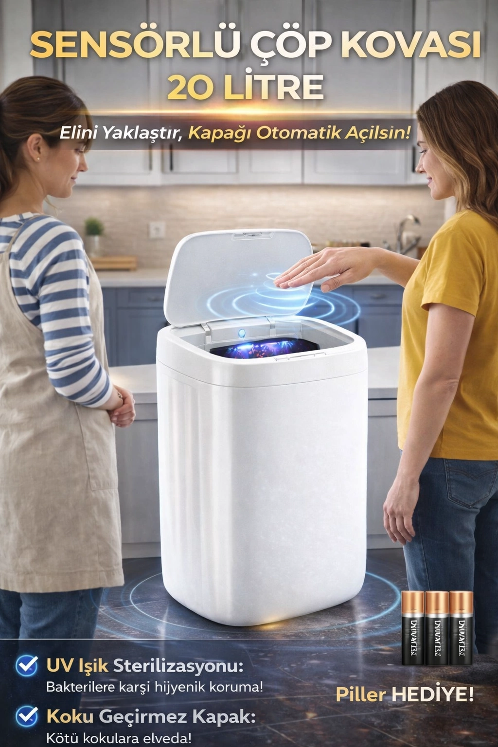 BUĞZ Akıllı Teknolojik Sensörlü Otomatik Açılan Kapak 20 Litre Çöp Kovası UV Işıklı