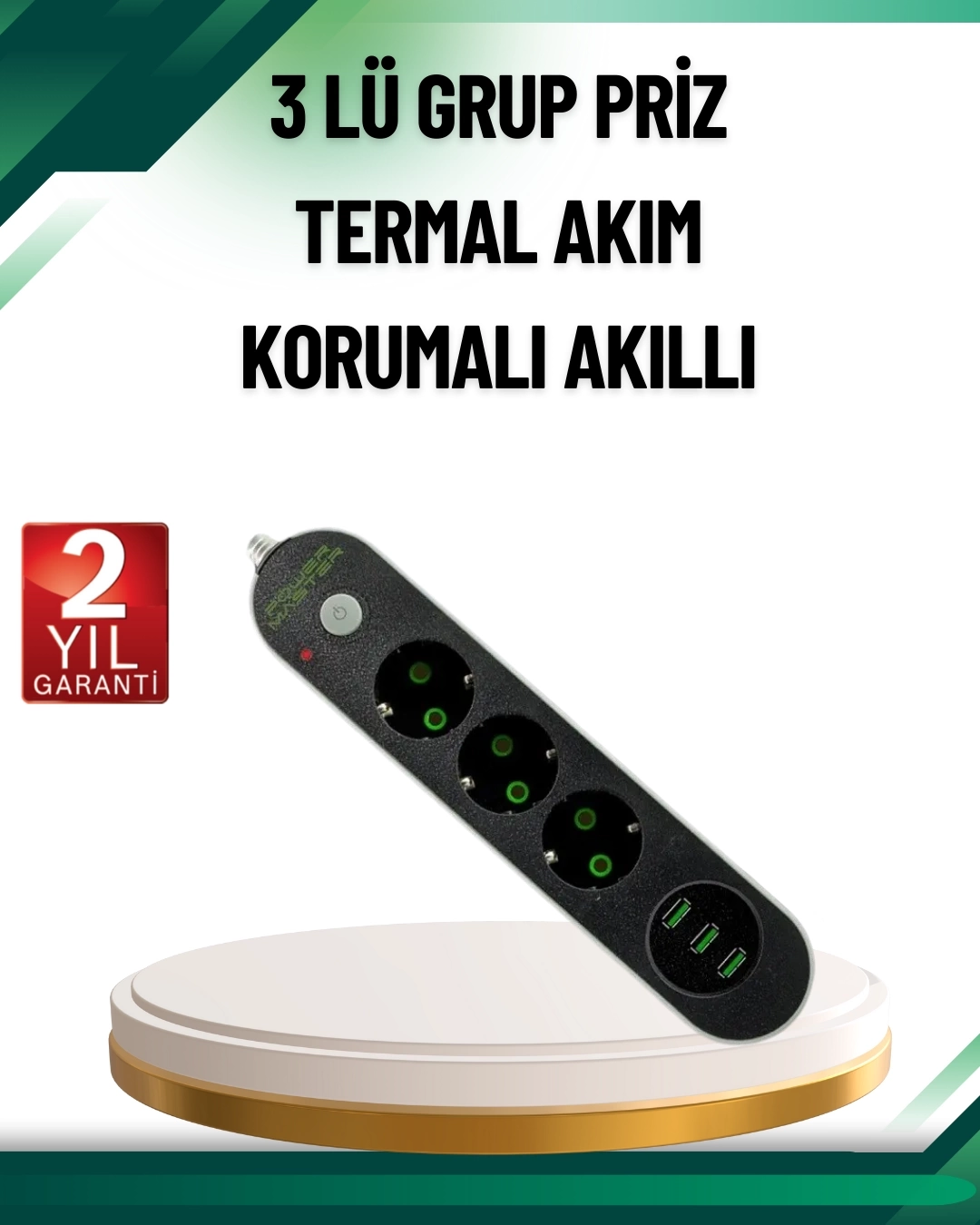 BUĞZ Akım Korumalı Anahtarlı USB Girişli Üçlü Priz