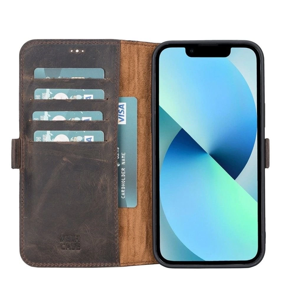 BUĞZ Apple iPhone 13 Pro Max Uyumlu Deri Cüzdanlı Kılıf Acı Kahve