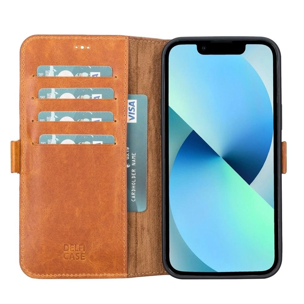 BUĞZ Apple iPhone 13 Pro Max Uyumlu Deri Cüzdanlı Kılıf Karamel