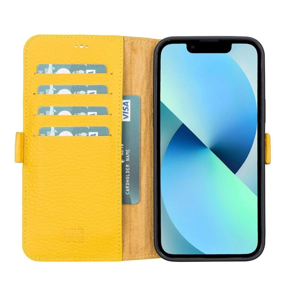 BUĞZ Apple iPhone 13 Pro Max Uyumlu Deri Cüzdanlı Kılıf Limon Sarı