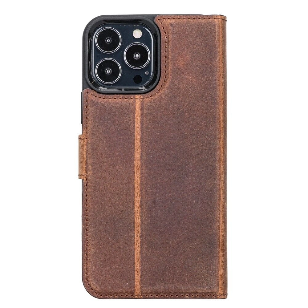 BUĞZ Apple iPhone 13 Pro Max Uyumlu Deri Cüzdanlı Kılıf MWWN G2 Kahve