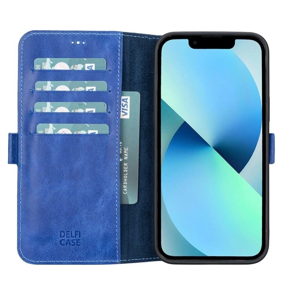 BUĞZ Apple iPhone 13 Pro Max Uyumlu Deri Cüzdanlı Kılıf Okyanus Mavi