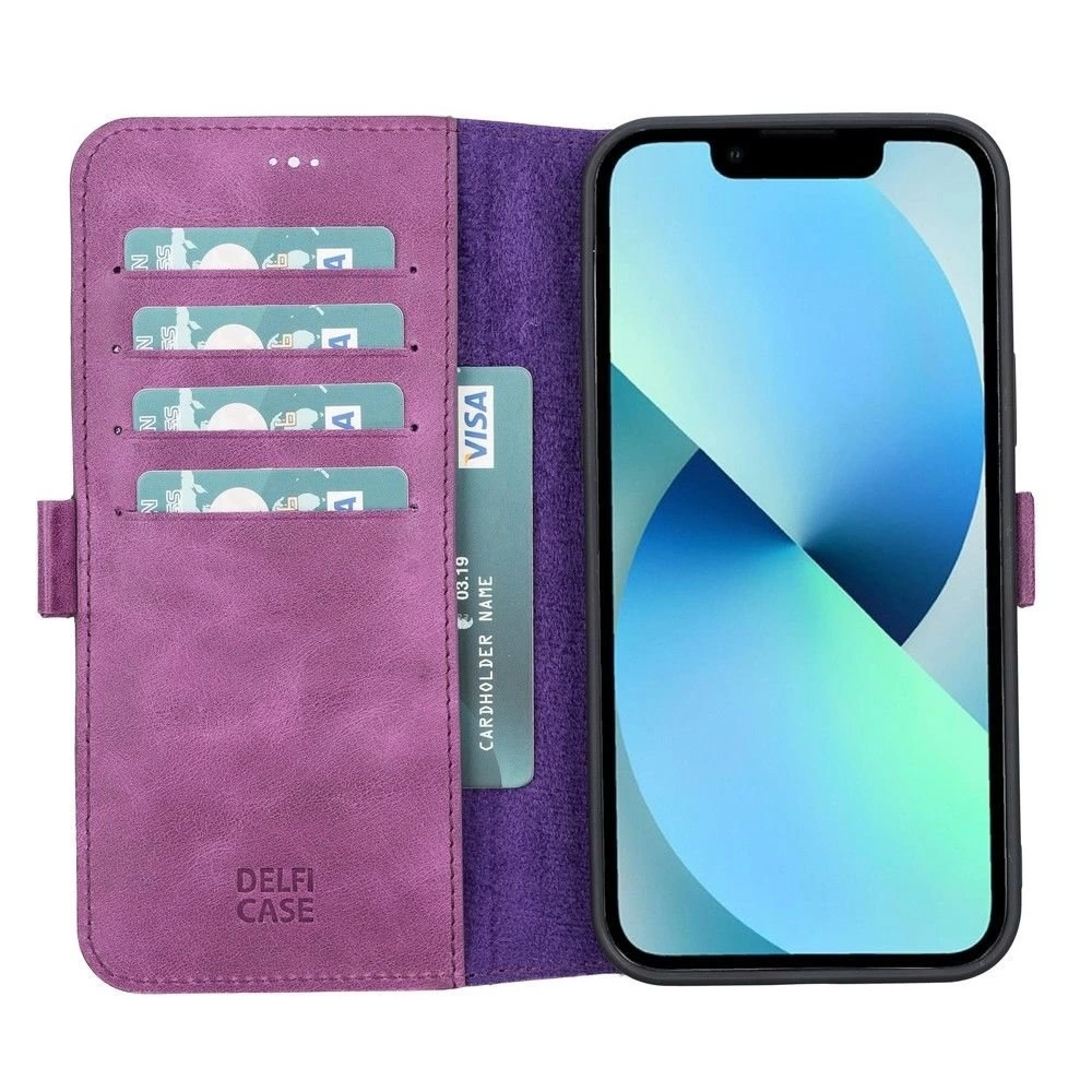 BUĞZ Apple iPhone 13 Pro Max Uyumlu Deri Cüzdanlı Kılıf Rustik Mor