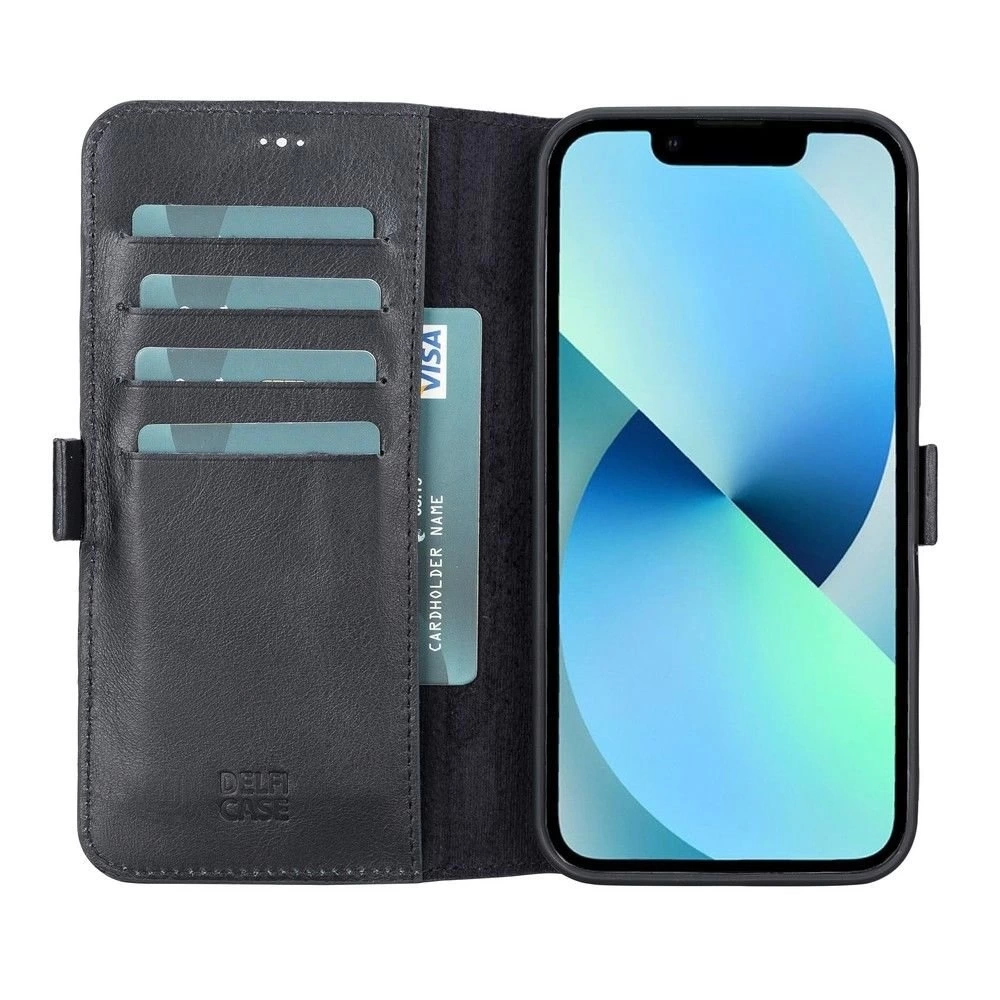 BUĞZ Apple iPhone 13 Pro Max Uyumlu Deri Cüzdanlı Kılıf Siyah