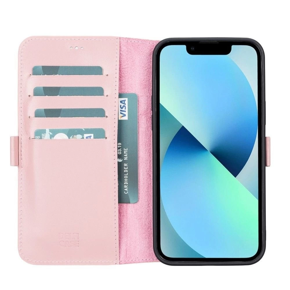 BUĞZ Apple iPhone 13 Pro Max Uyumlu Deri Cüzdanlı Kılıf Toz Pembe