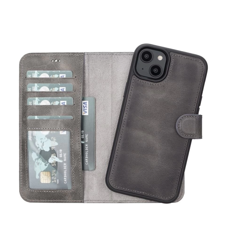 BUĞZ Apple iPhone 14 Plus Uyumlu Deri Cüzdanlı Kılıf MWWN VS4EF Gri