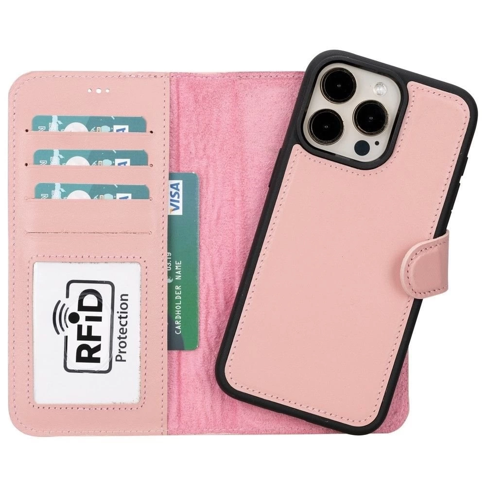 BUĞZ Apple iPhone 15 Pro Max Uyumlu Deri Cüzdanlı Kılıf MWWN NU2 Pembe
