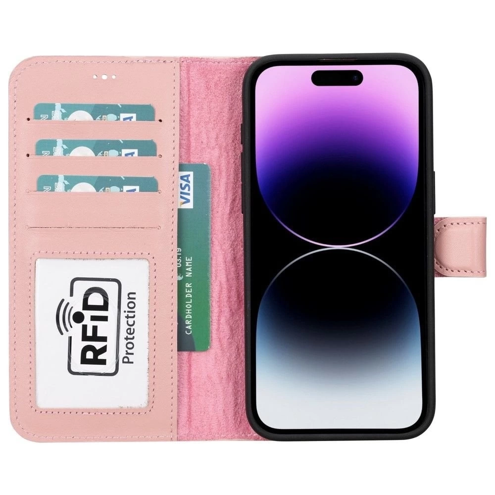 BUĞZ Apple iPhone 15 Pro Max Uyumlu Deri Cüzdanlı Kılıf MWWN NU2 Pembe