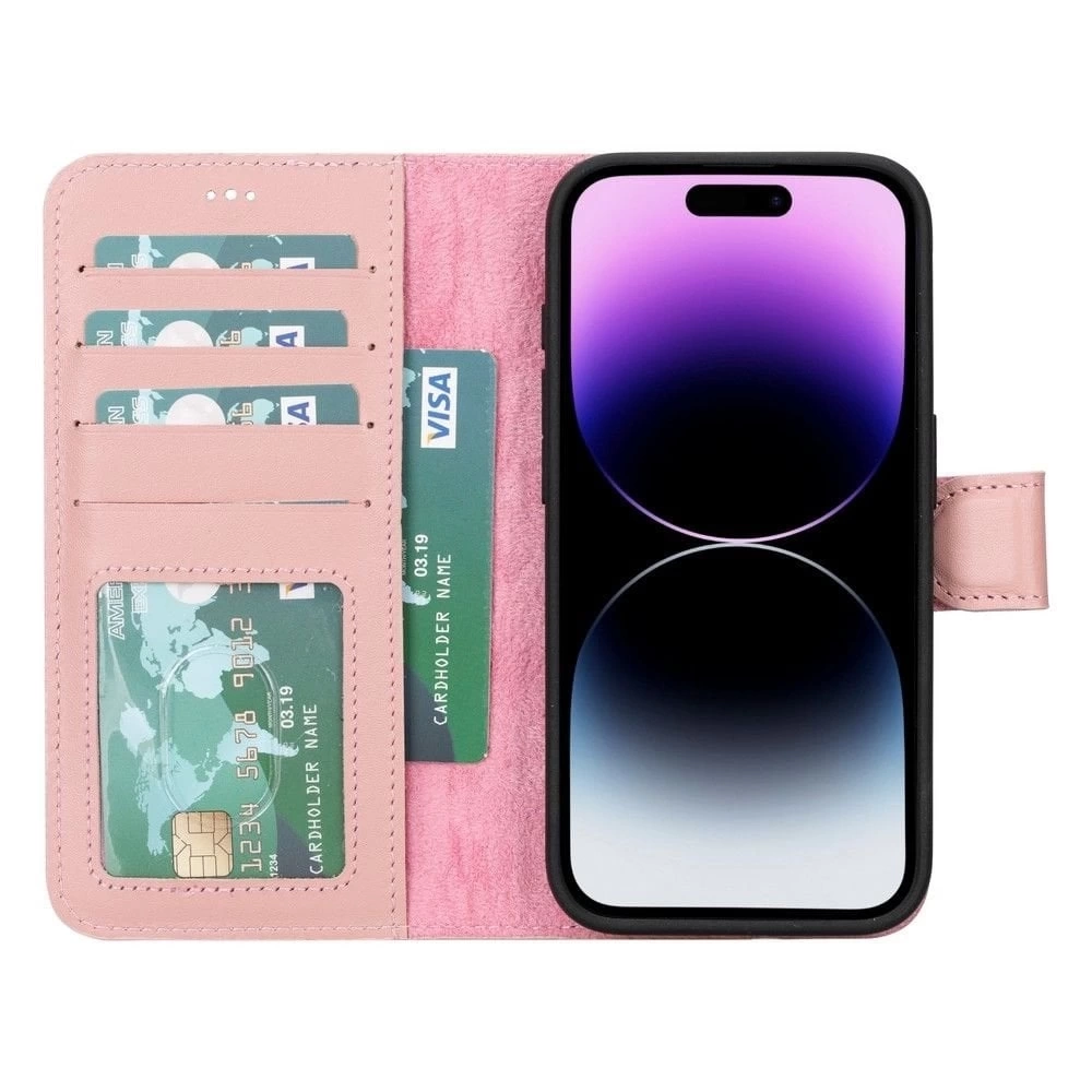 BUĞZ Apple iPhone 15 Pro Uyumlu Deri Cüzdanlı Kılıf MWWN NU2 Pembe