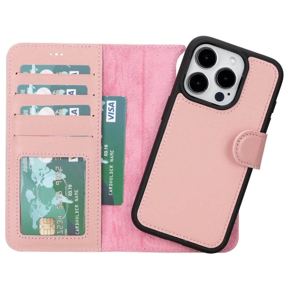 BUĞZ Apple iPhone 15 Pro Uyumlu Deri Cüzdanlı Kılıf MWWN NU2 Pembe