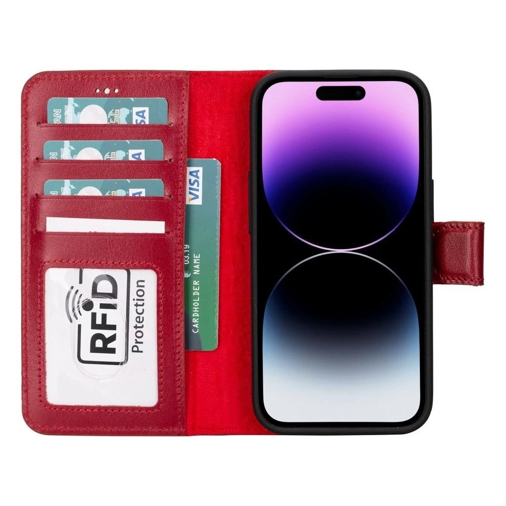 BUĞZ Apple iPhone 15 Uyumlu Deri Cüzdanlı Kılıf MWWN V4EF Kırmızı