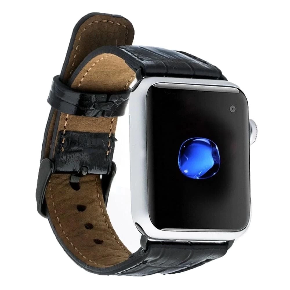 BUĞZ Apple Watch Uyumlu Deri Kordon 42-44-45mm Kroko Siyah