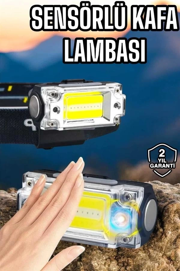 BUĞZ Beyaz Led Işık Sensörlü Kafa Lambası Lityum Batarya Led El Fenerli Şarjlı