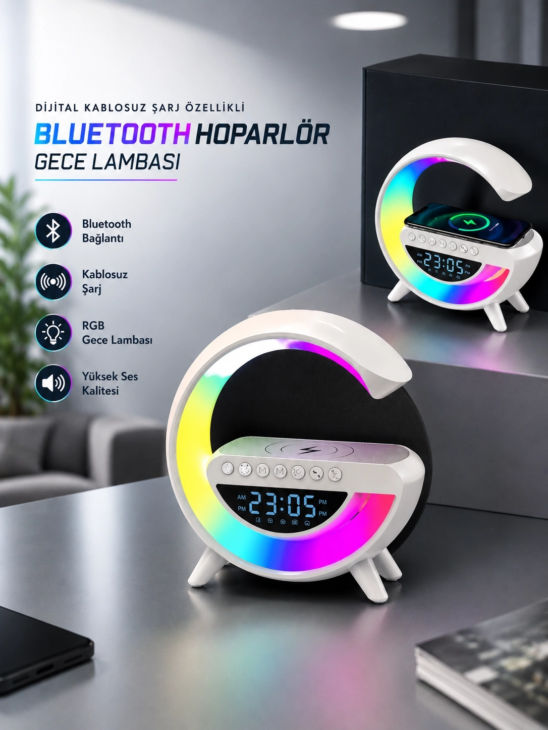 BUĞZ Bluetooth Hoparlör 15W Kablosuz Hızlı Şarj LED Gece Lambası