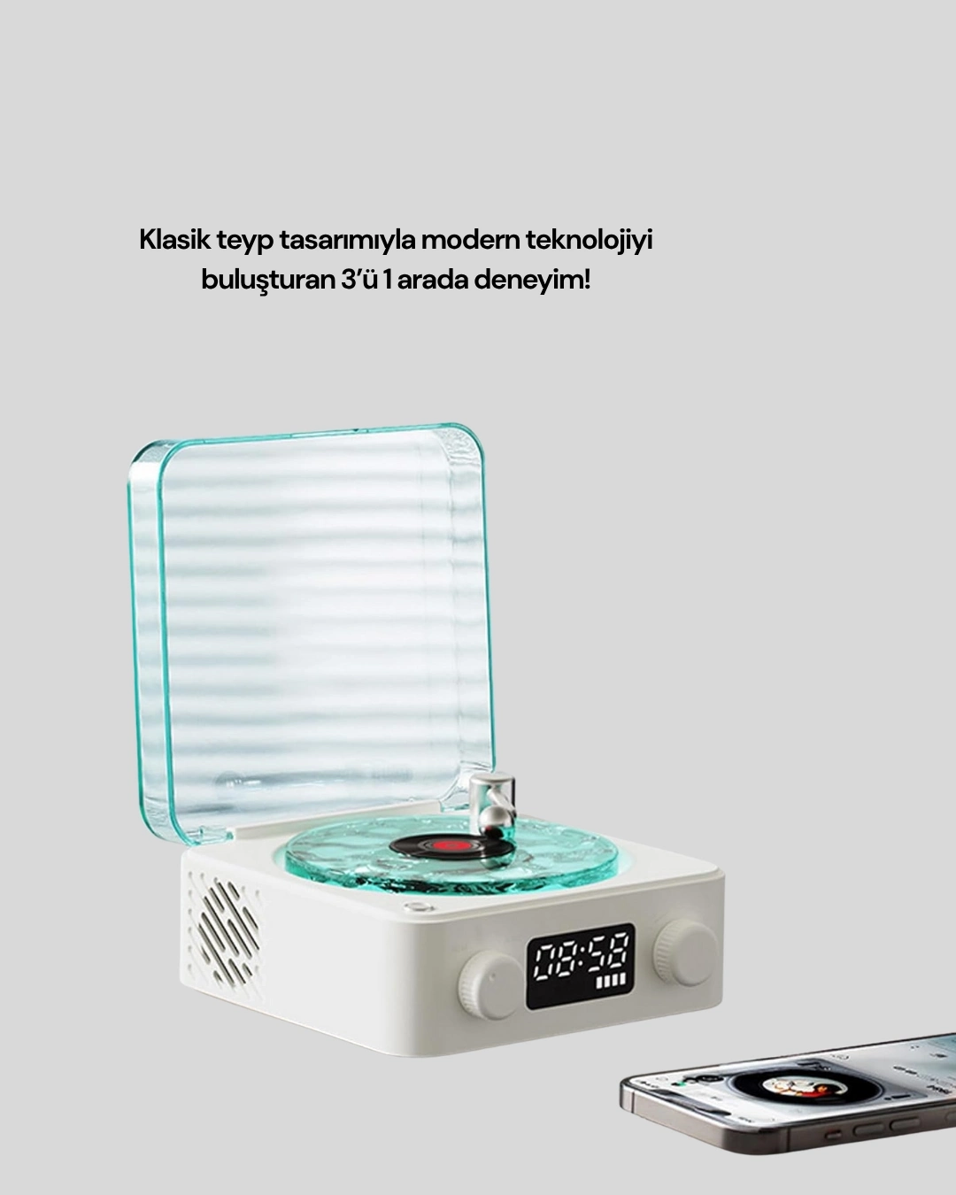 BUĞZ Bluetooth Hoparlör – 3-ü-1 Saatli Gece Lambası ve Vintage Tasarım